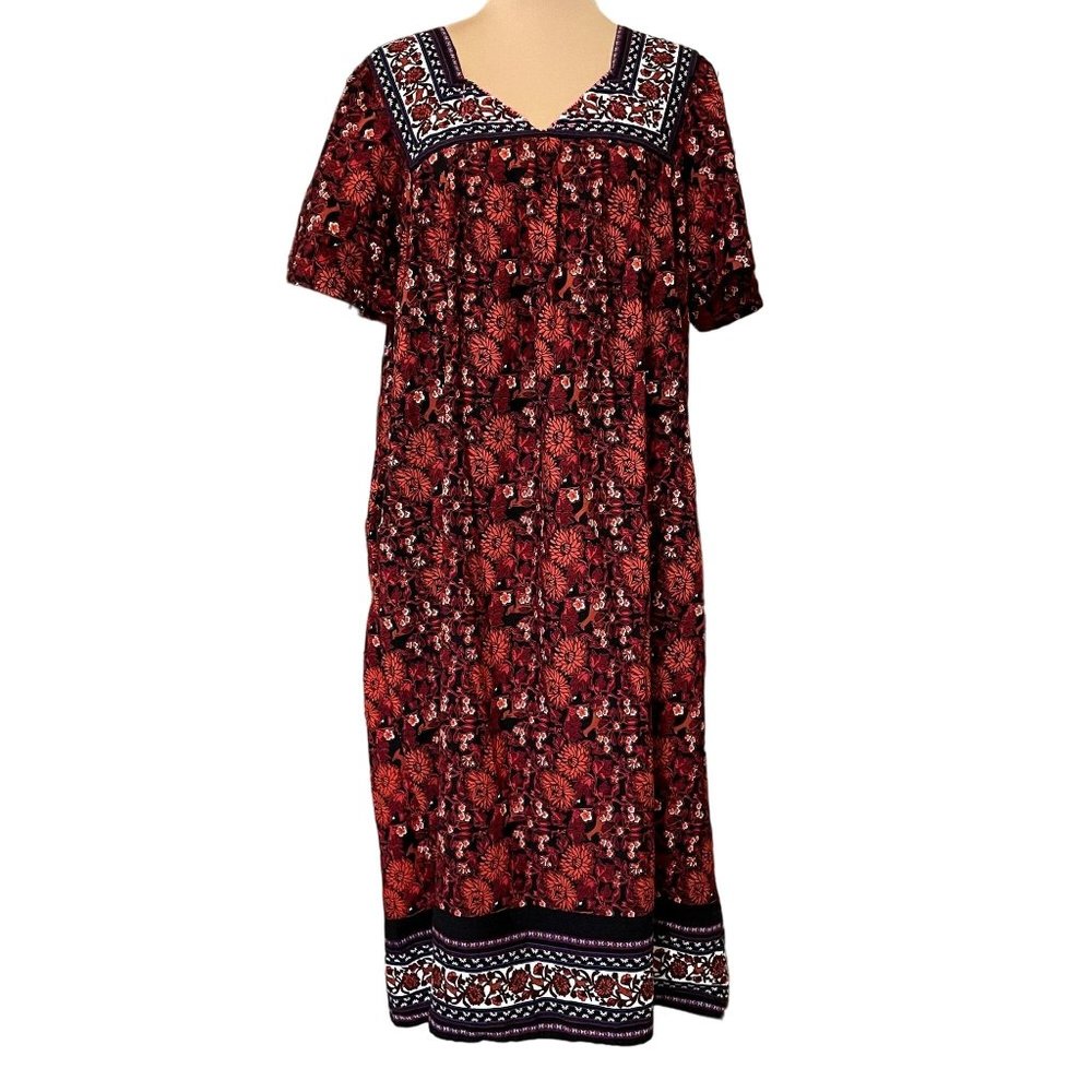 Expressions Red Black White Floral Cotton Short Sleeve Midi Dress + Pockets XL
